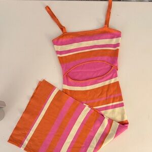 Striped Orange and Pink Midi Dress with Cut Out